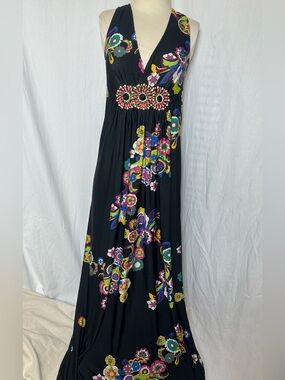 New York & Co. Black Floral Boho V-Neck Maxi Dress with Beaded Waist